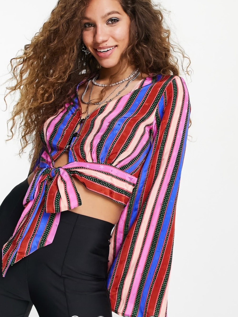 Topshop Multicolor Striped Tie-Front Crop Top long sleeve size 8